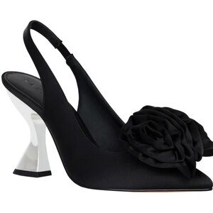 Black Satin Slingback Heels LATERR HIGH FLOWER 7.5M/37.5 w/Floral Appliqué NEW